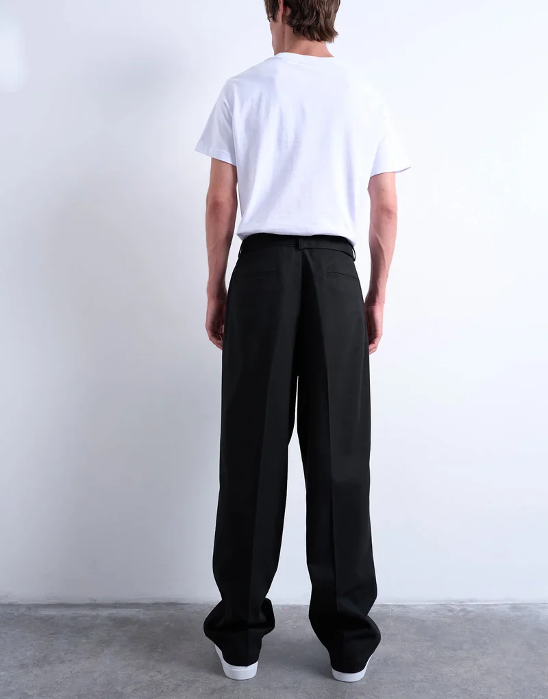 Topman wide leg belted twill smart trousers in black