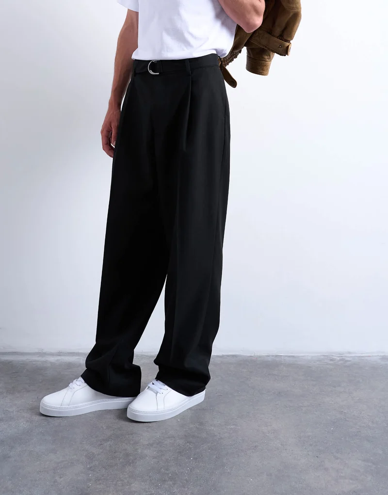 Topman wide leg belted twill smart trousers in black