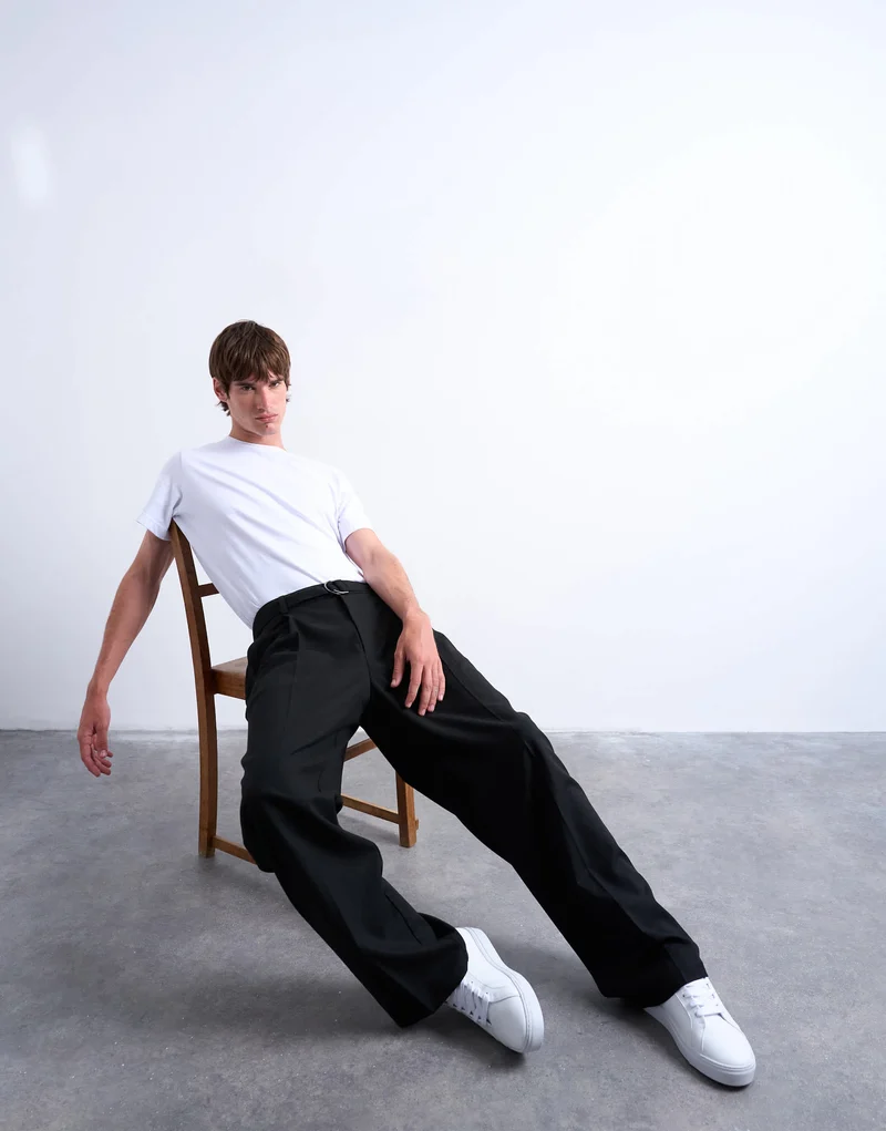 Topman wide leg belted twill smart trousers in black
