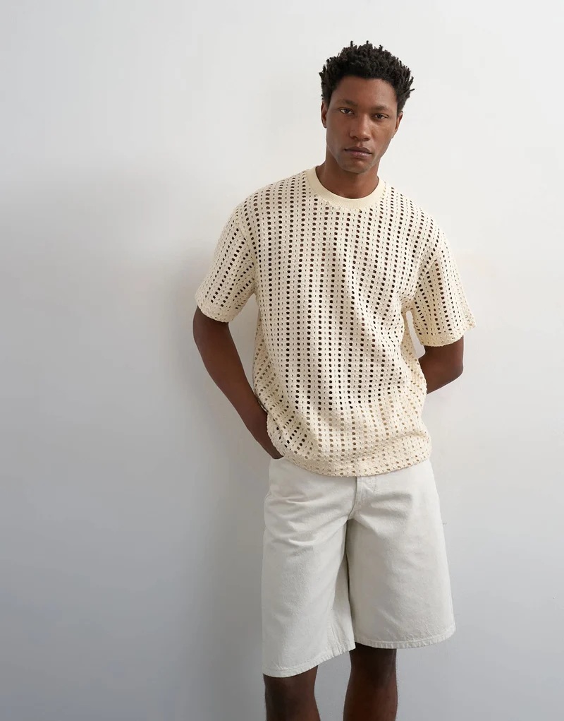 Topman relaxed fit crochet t shirt in ecru