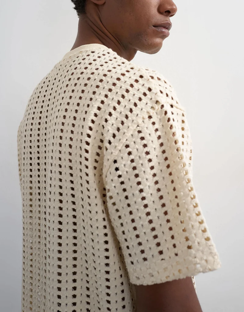 Topman relaxed fit crochet t shirt in ecru