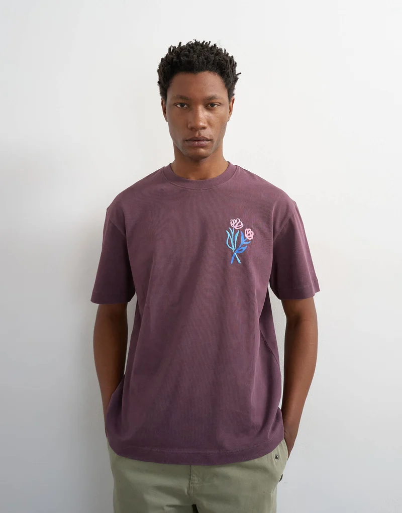 Topman relaxed fit t-shirt with front and black floral embroidery in purple