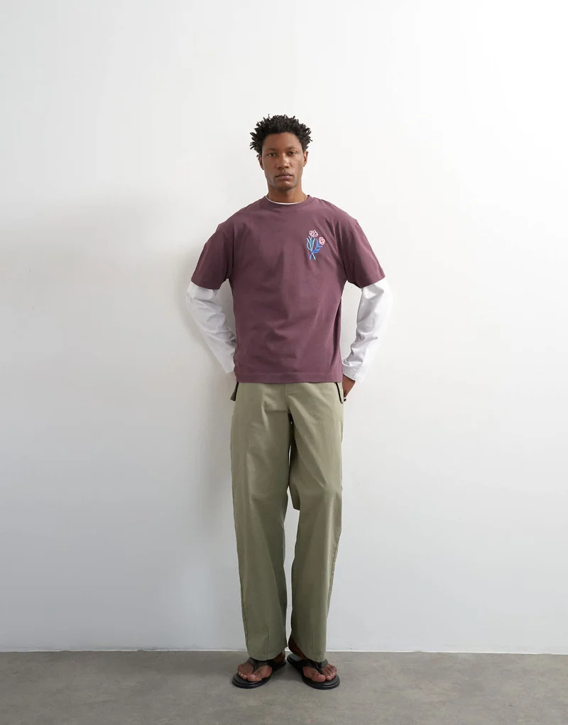 Topman relaxed fit t-shirt with front and black floral embroidery in purple