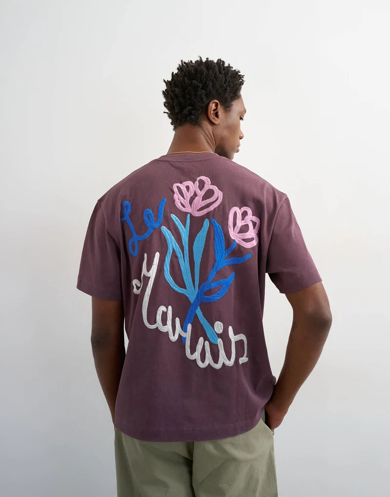 Topman relaxed fit t-shirt with front and black floral embroidery in purple