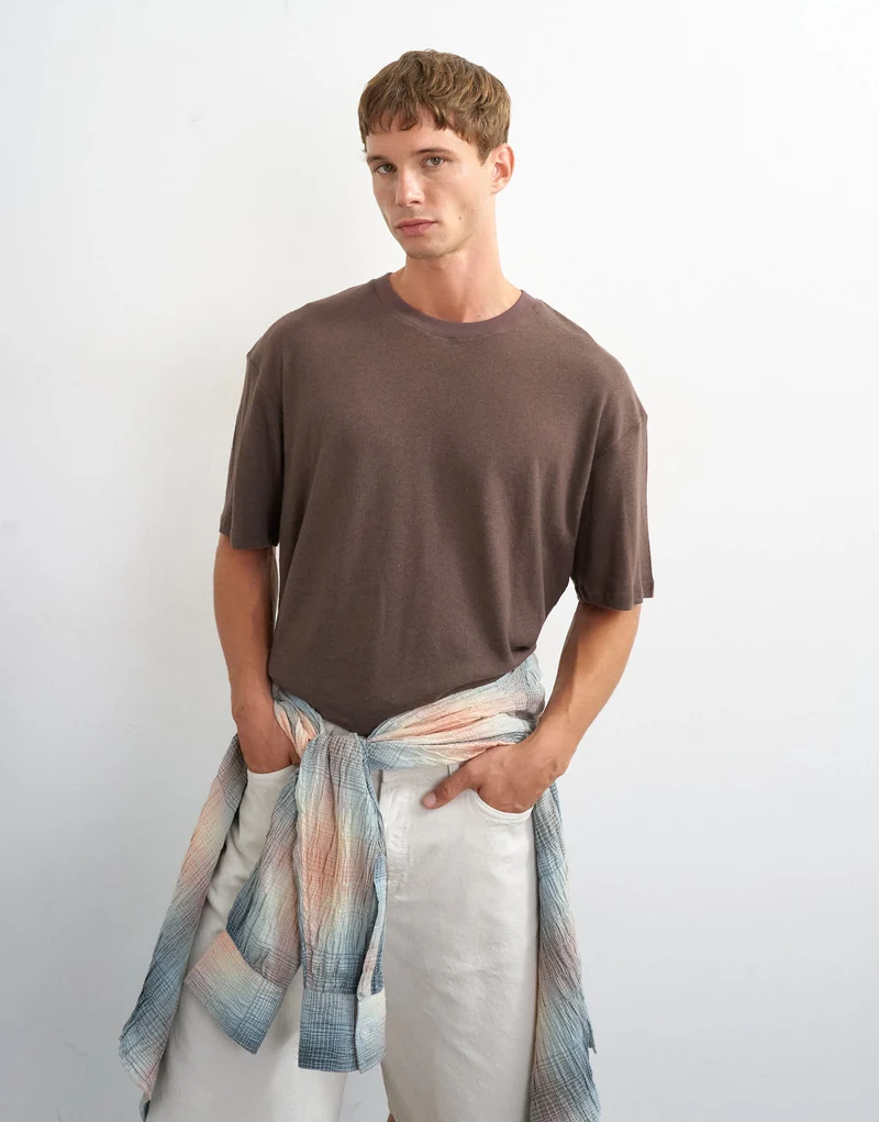Topman relaxed fit linen mix t-shirt in brown