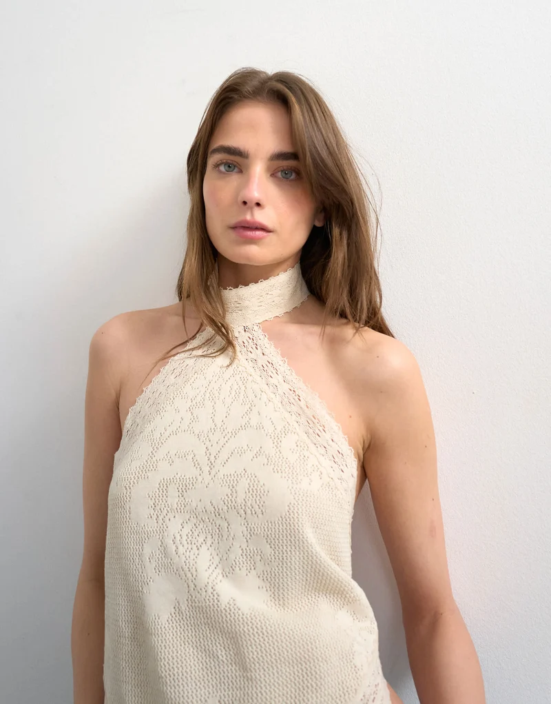 Topshop knitted bandana top in off white