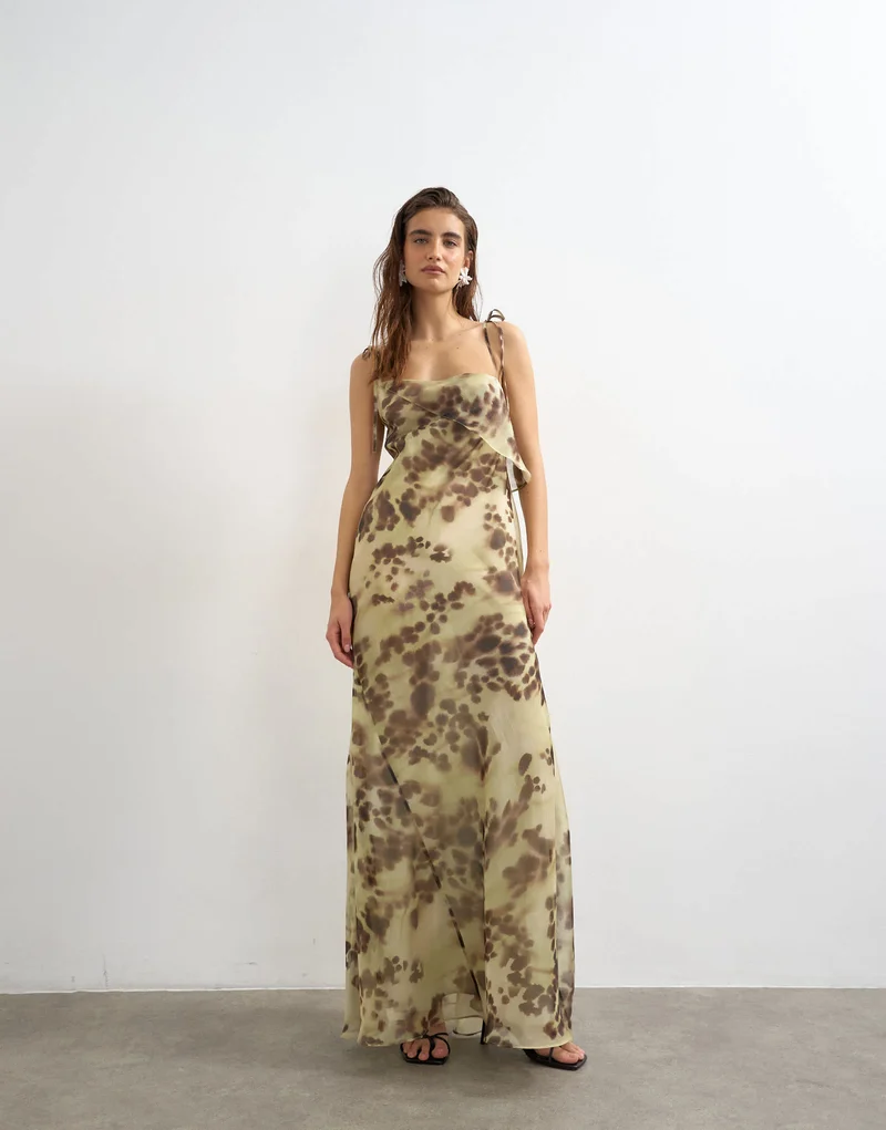 Topshop folded bust organza maxi dress in abstract blur print