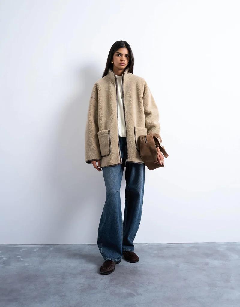 Topshop longline high neck chuck on shearling in teddy
