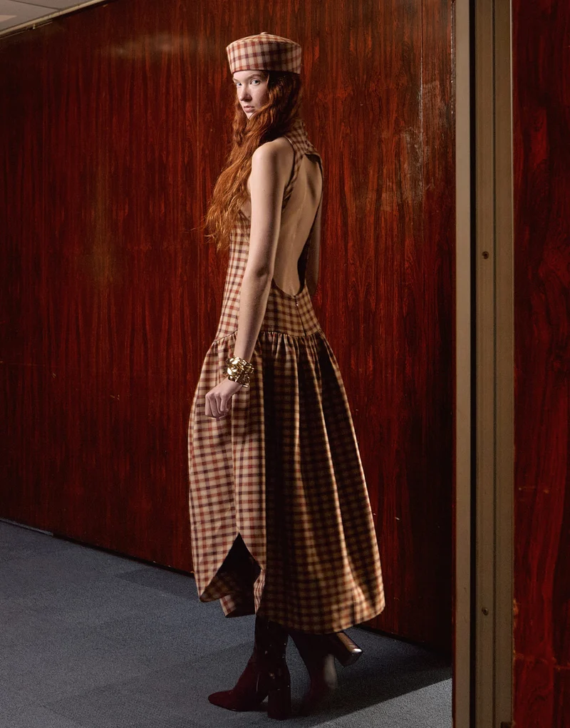 Tolu Coker x Topshop check open back midi dress in brown check