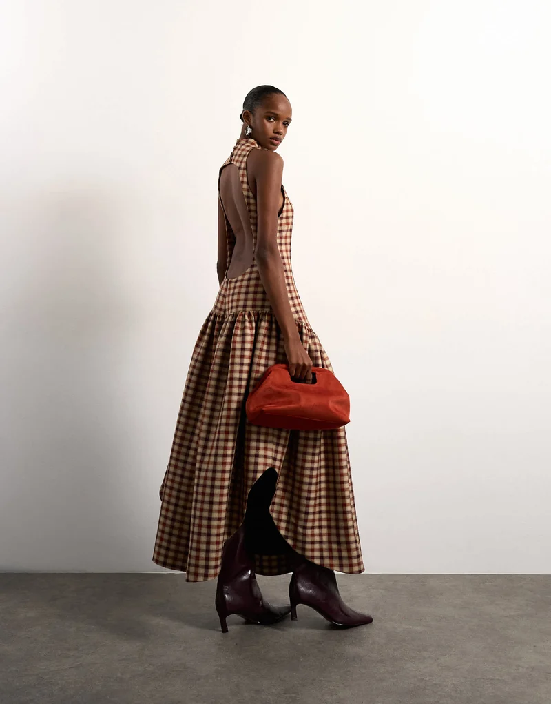 Tolu Coker x Topshop check open back midi dress in brown check