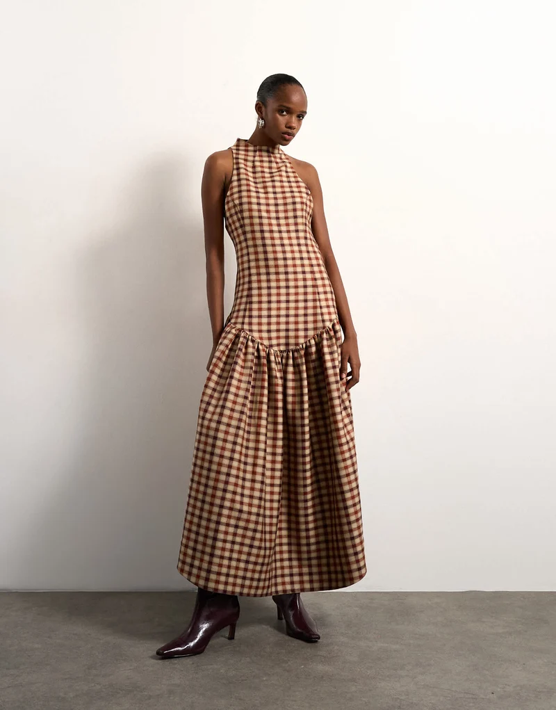 Tolu Coker x Topshop check open back midi dress in brown check