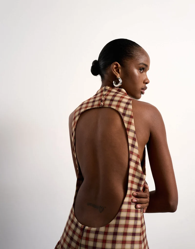 Tolu Coker x Topshop check open back midi dress in brown check