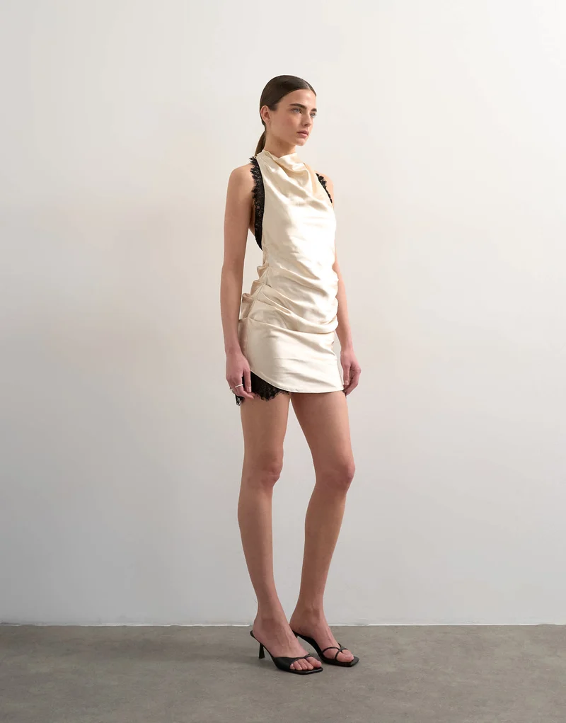 Topshop satin halter cowl neck mini dress with black contrast lace trim in oyster
