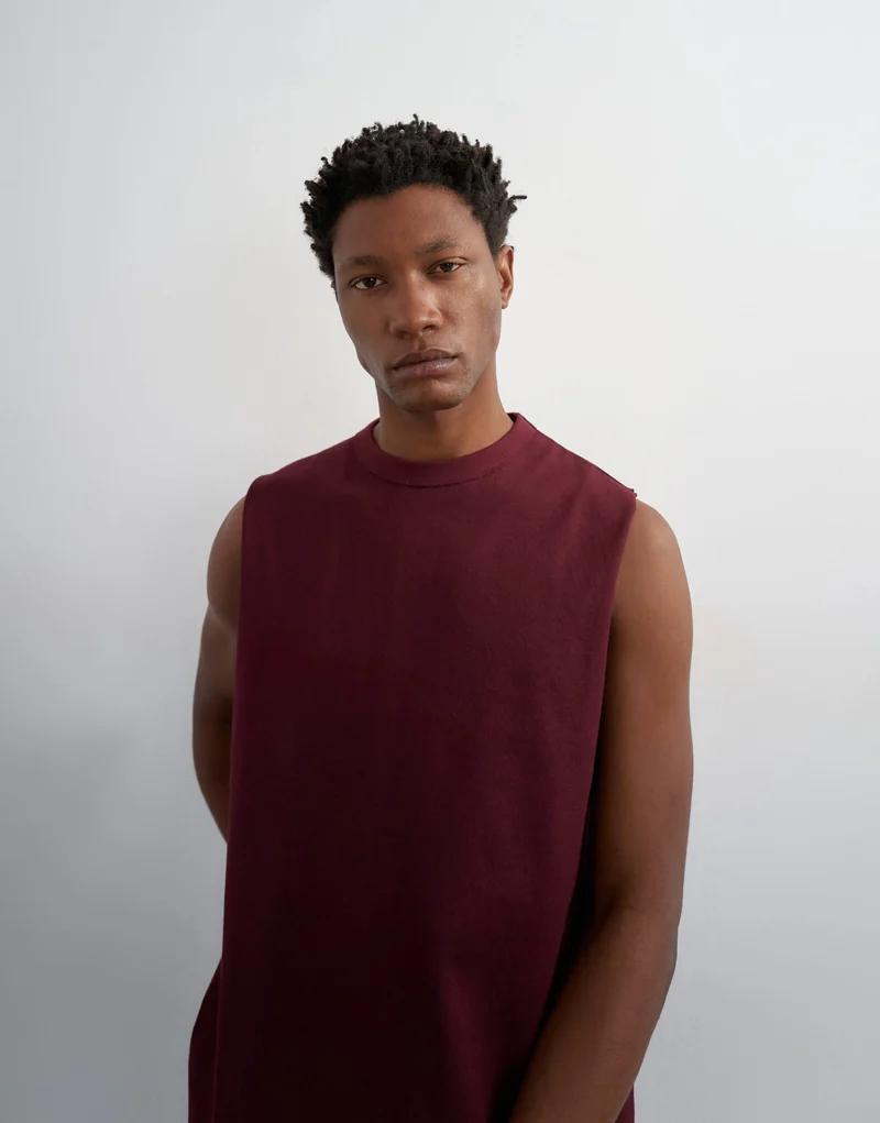 Topman premium relaxed fit sleeveless t-shirt in dark burgundy