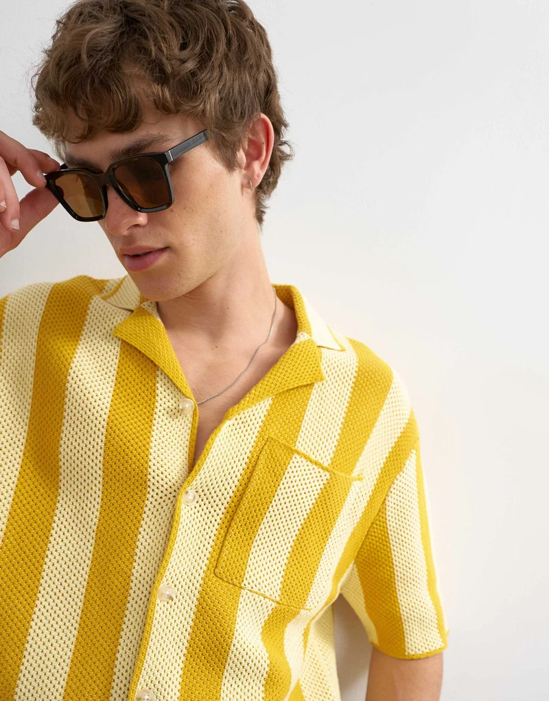 Topman regular fit knitted texture stripe shirt in yellow
