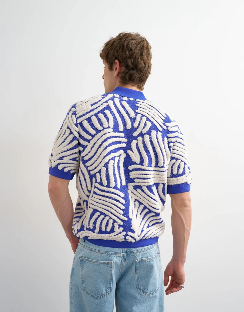 Topman relaxed fit knitted shirt with all over boucle floral applique in blue