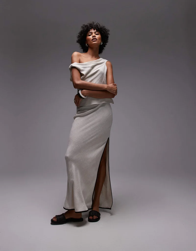 Topshop linen bias maxi skirt in natural with black piping