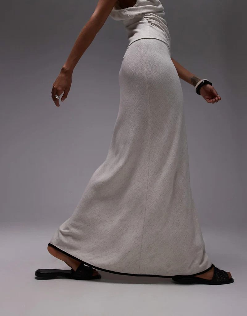 Topshop linen bias maxi skirt in natural with black piping