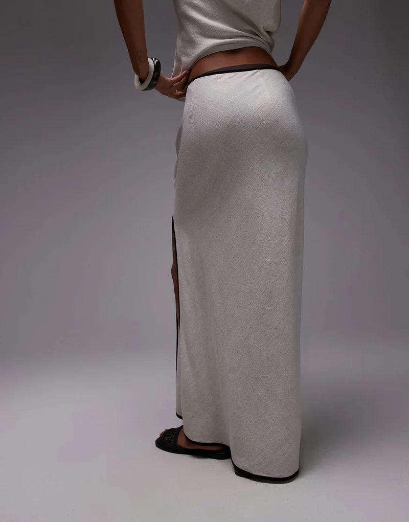 Topshop linen bias maxi skirt in natural with black piping