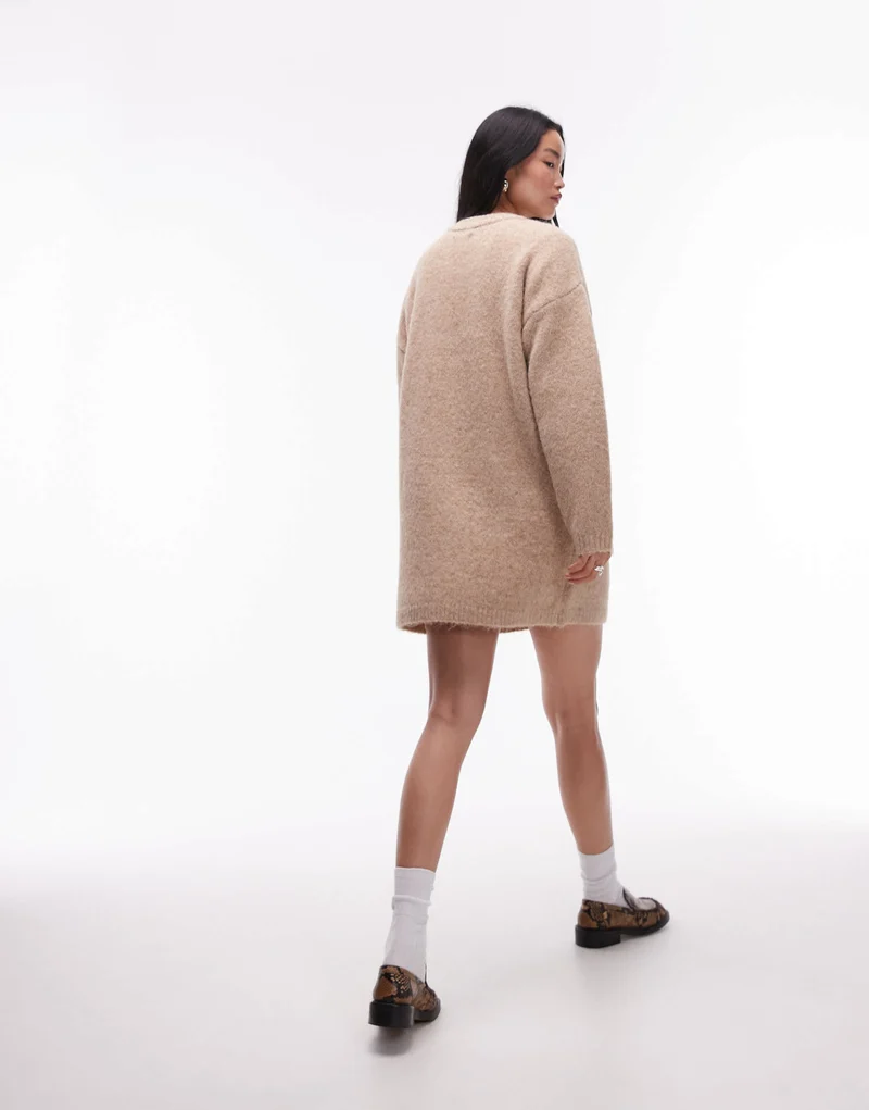 Topshop knitted fluffy crew oversized dress in oat