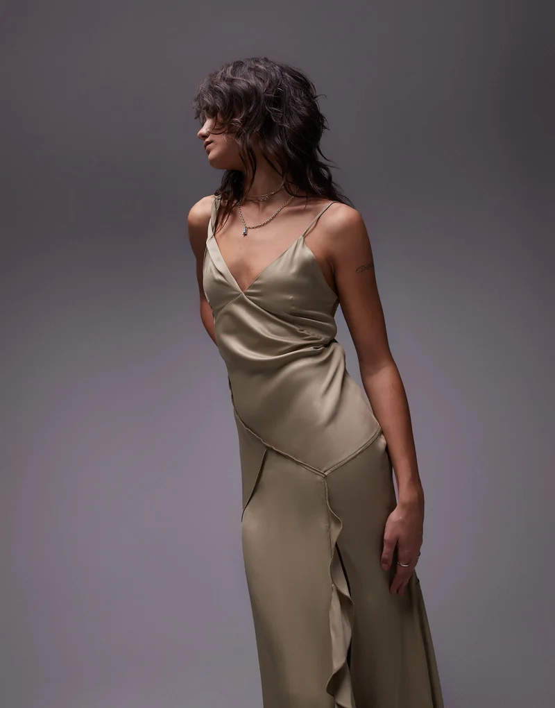 Topshop twist shoulder exposed seam midi slip dress in soft gold satin