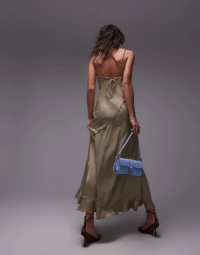 Topshop twist shoulder exposed seam midi slip dress in soft gold satin