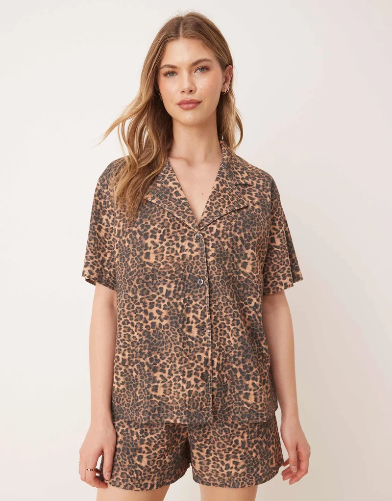 ASOS DESIGN boxy revere waffle shirt in leopard print