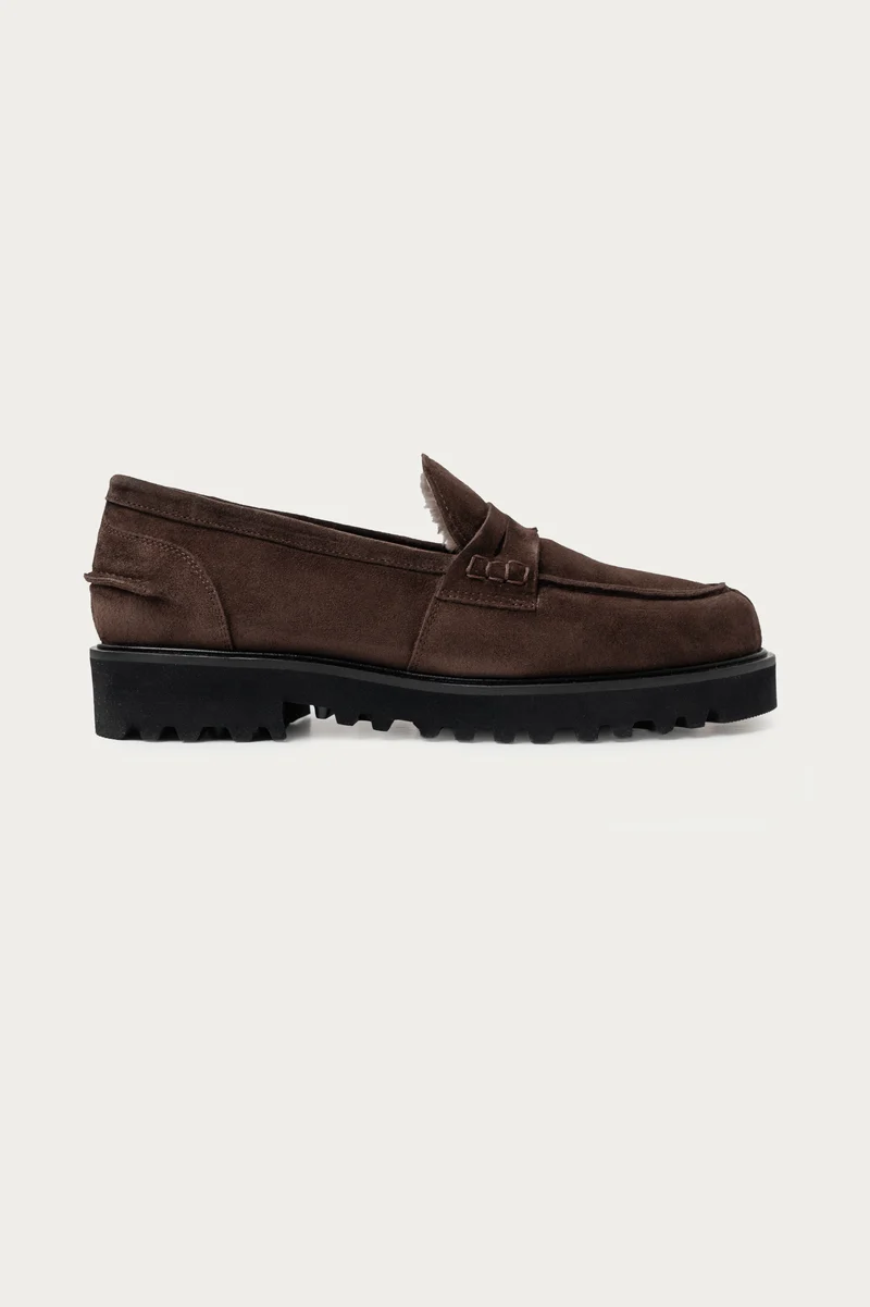 Lotte Dunkelbraun Veloursleder mit Lammfell