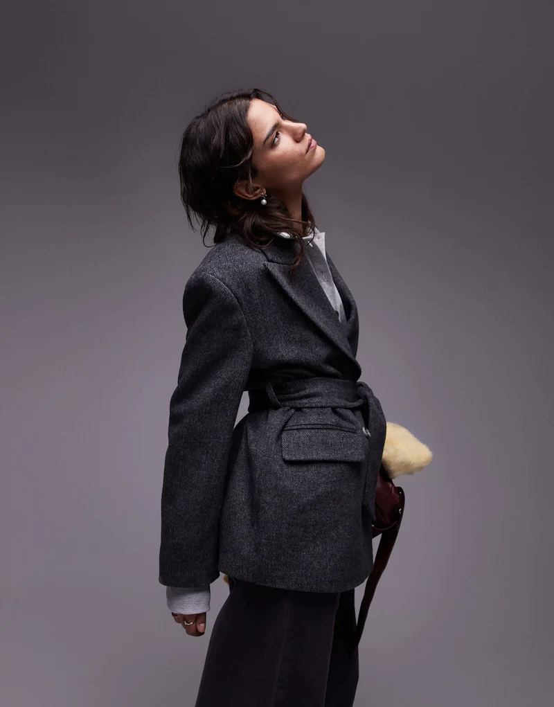 Topshop double breasted belted twill blazer coat in charcoal