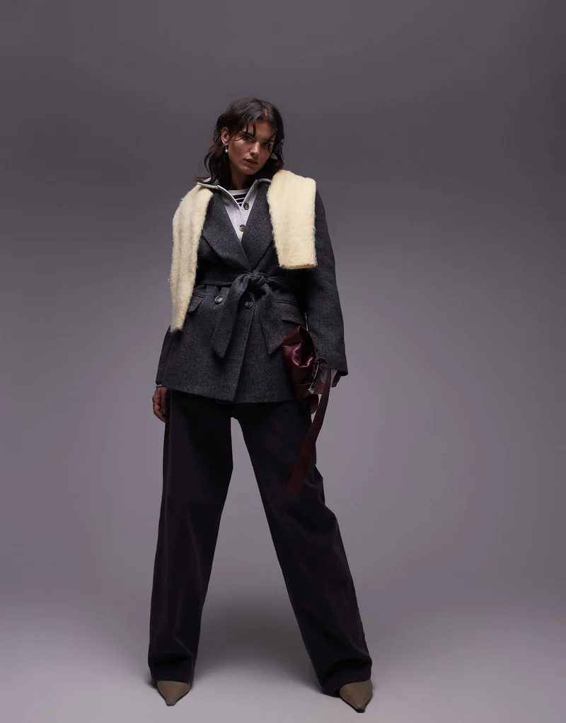 Topshop double breasted belted twill blazer coat in charcoal