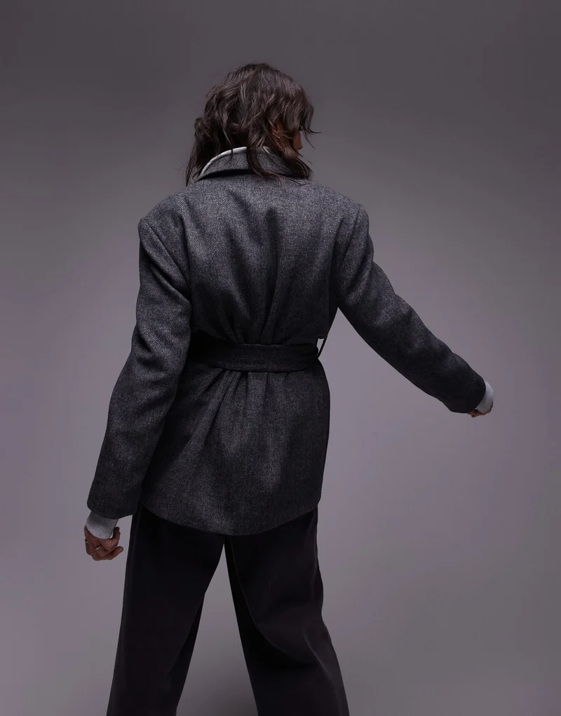 Topshop double breasted belted twill blazer coat in charcoal