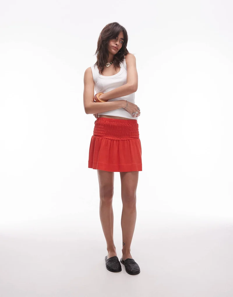 Topshop linen mini skirt with ruched sides in red