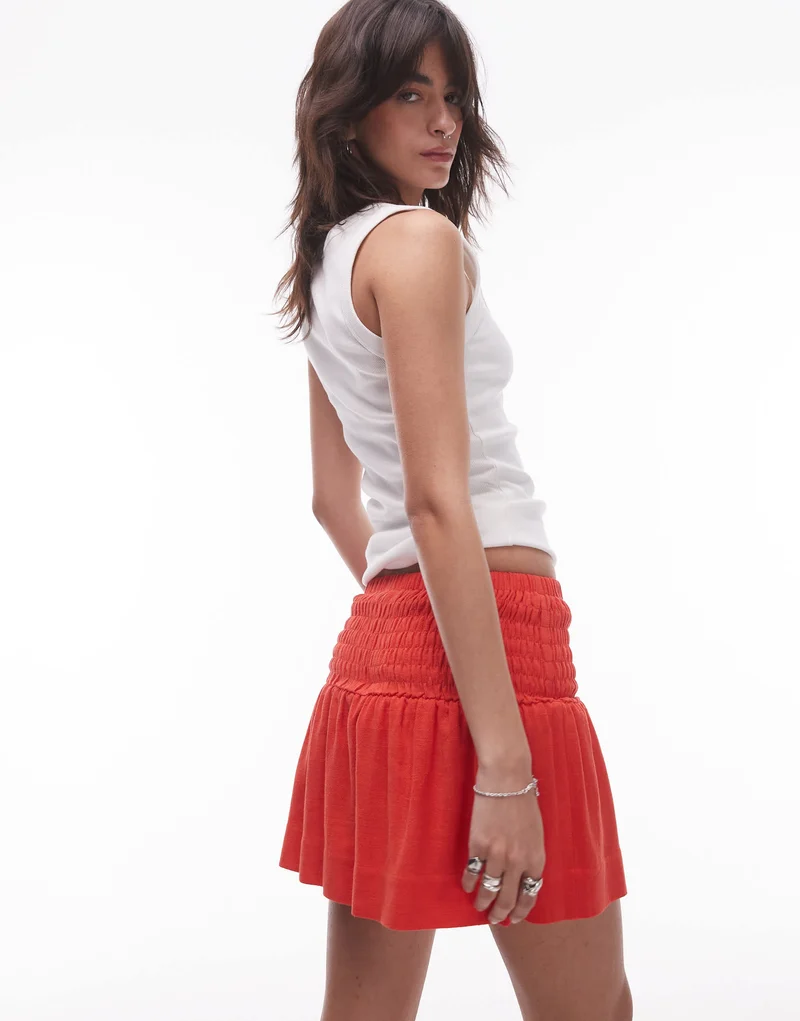Topshop linen mini skirt with ruched sides in red