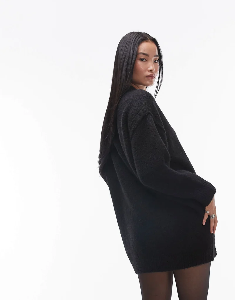 Topshop knitted oversized crew mini dress with exposed seam detail in black