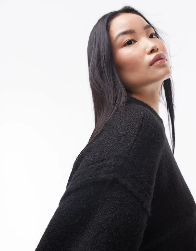 Topshop knitted oversized crew mini dress with exposed seam detail in black