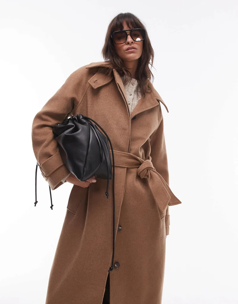 Topshop tab belted car coat twill in camel