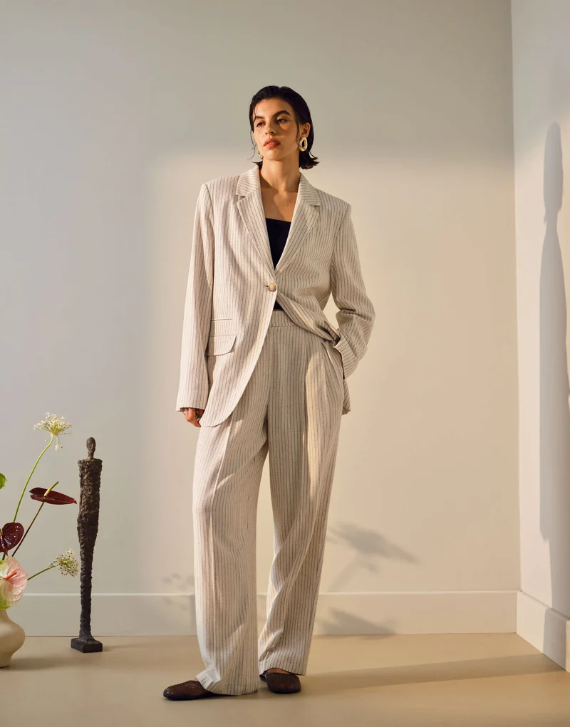 Topshop co ord linen one button blazer in cream pinstripe