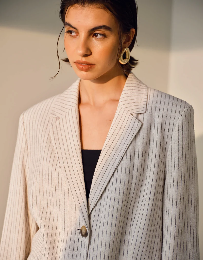 Topshop co ord linen one button blazer in cream pinstripe