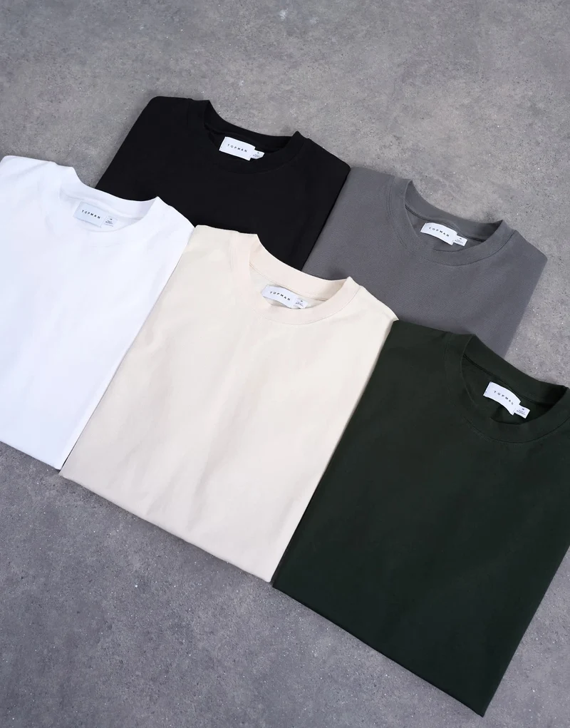Topman 5 pack relaxed t-shirt in black, white, ecru, dark green and charcoal