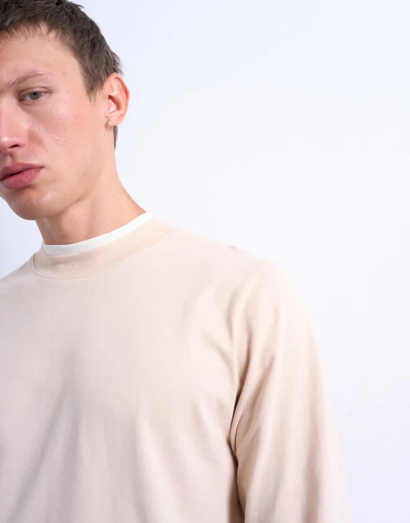Topman long sleeve doubled layered tee in stone and ecru