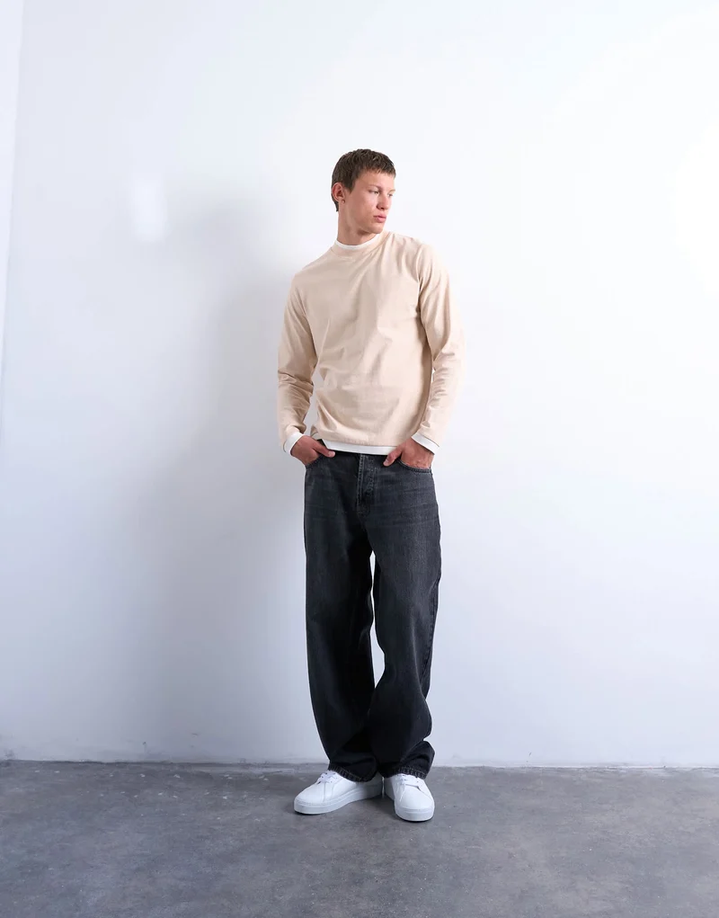 Topman long sleeve doubled layered tee in stone and ecru