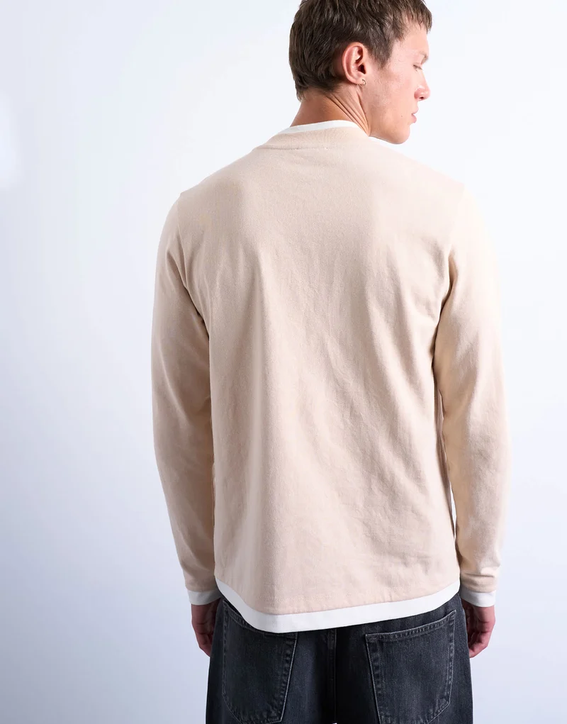 Topman long sleeve doubled layered tee in stone and ecru