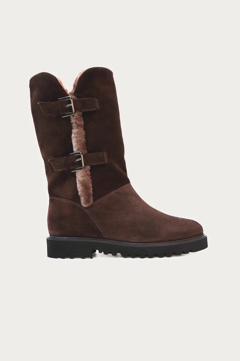 Alma Dunkelbraun Veloursleder mit Lammfell