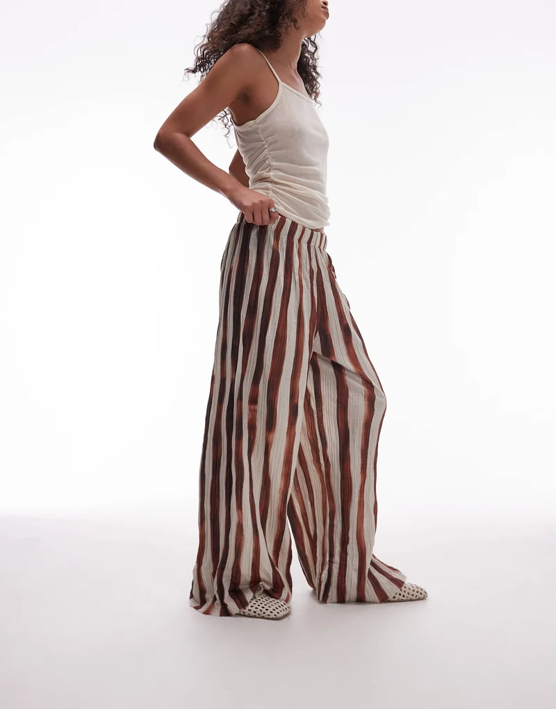 Topshop stripe crinkle wide leg trousers in brown