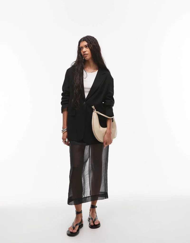 Topshop linen oversized slouchy blazer in black
