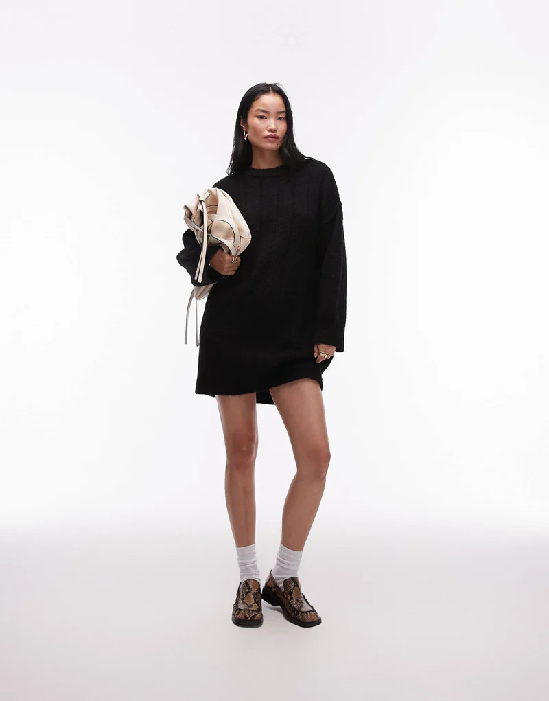 Topshop knitted fluffy rib oversized crew mini dress in black