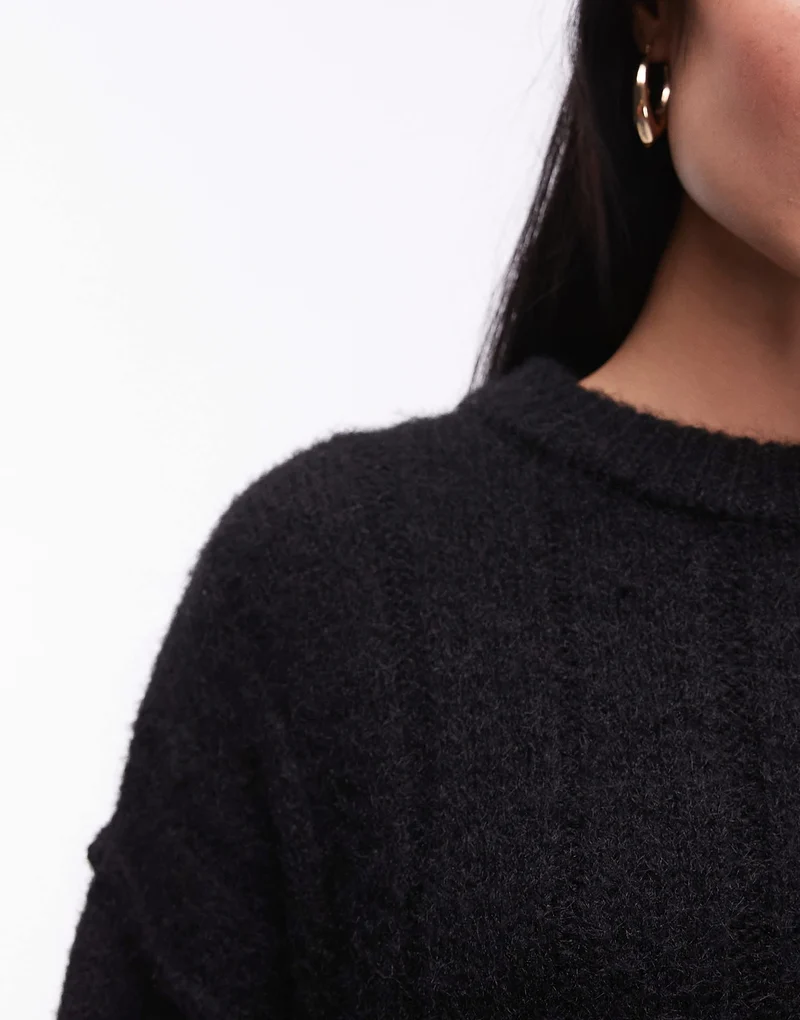 Topshop knitted fluffy rib oversized crew mini dress in black