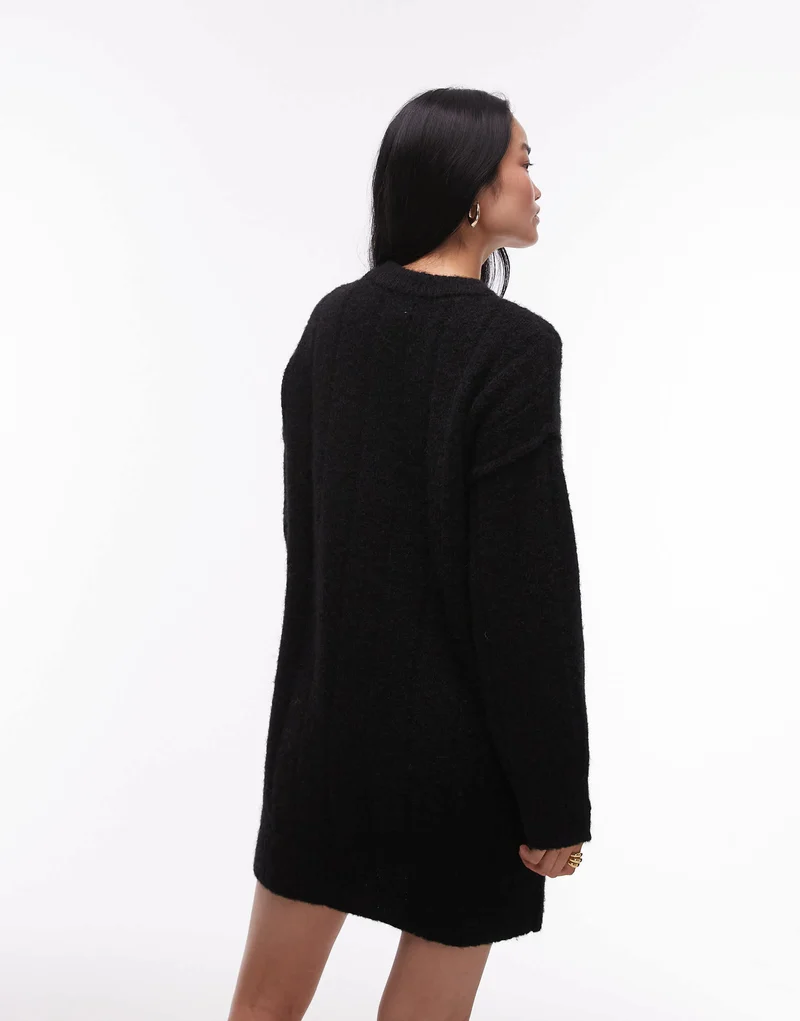 Topshop knitted fluffy rib oversized crew mini dress in black