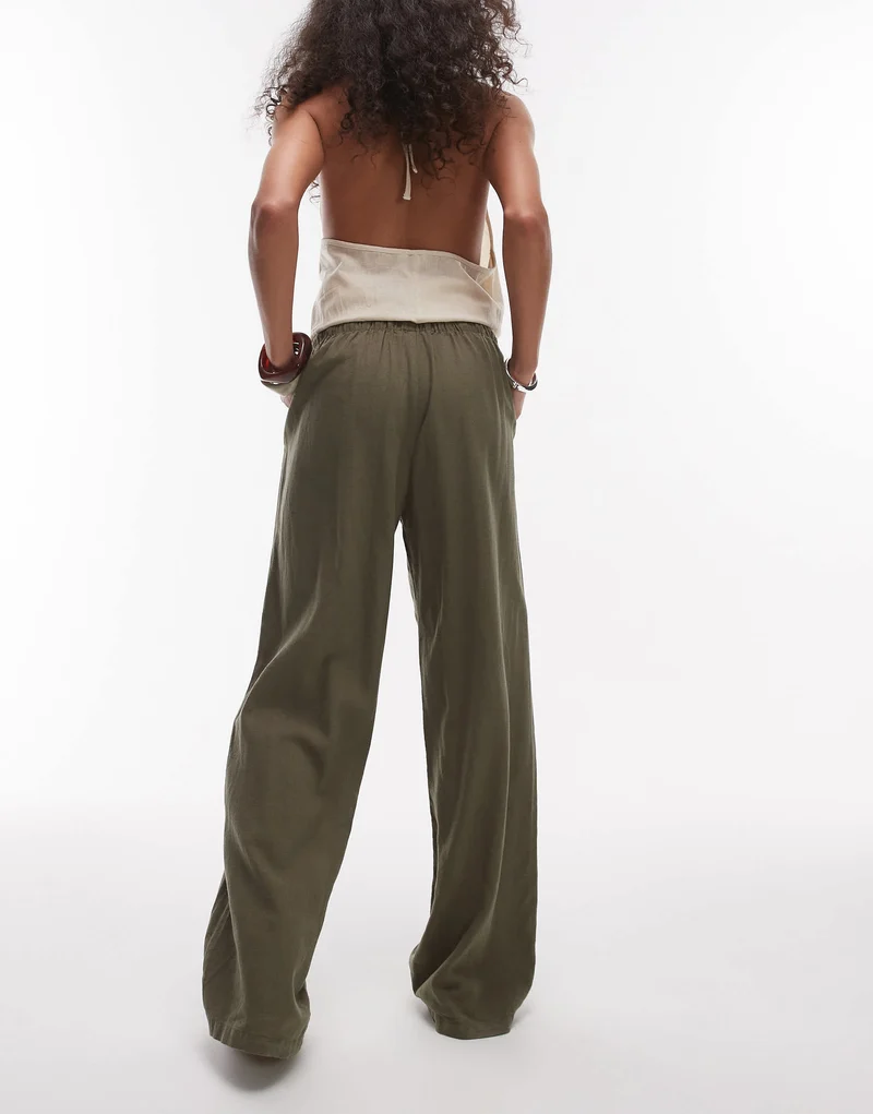 Topshop linen straight leg trouser in khaki