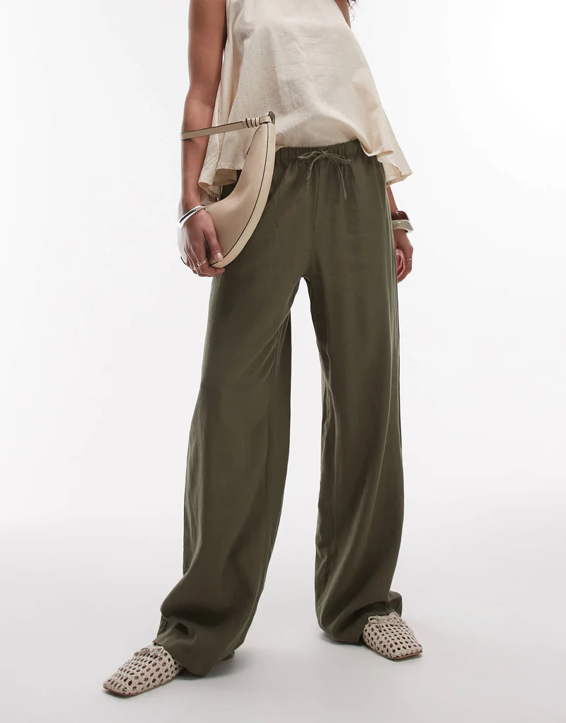 Topshop linen straight leg trouser in khaki